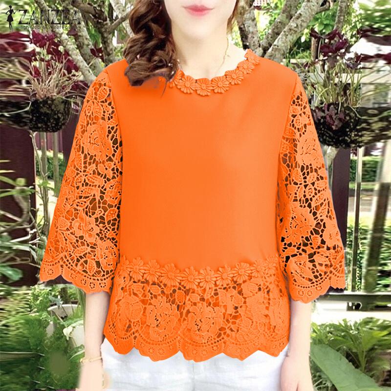 ZANZEA Women Casual Lace Crochet Splice 3/4 Sleeve Loose Blouse