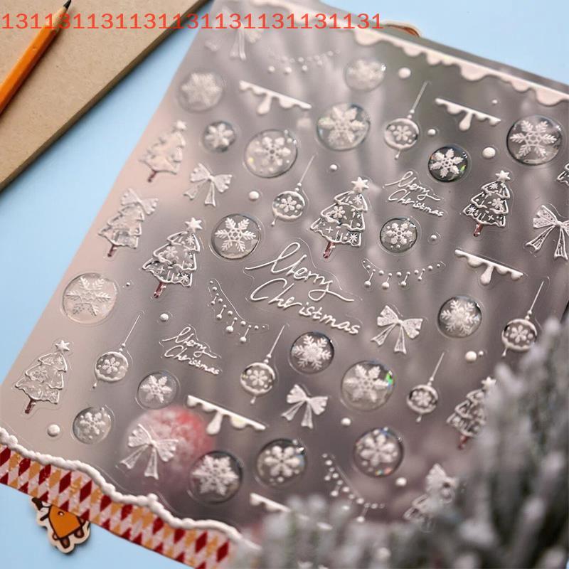 Adorable Xmas Themed White Tree Nail Art Stickers with Snowflake and Red Bows Embossed Print for Festive Nails