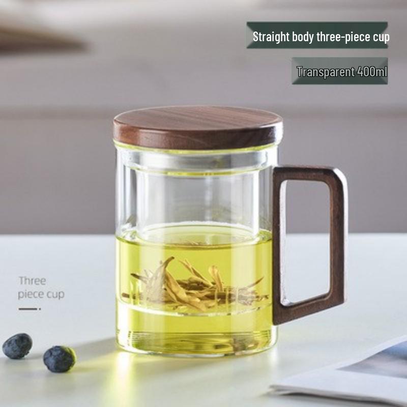 Luxury Smoky Gray Borosilicate Glass Tea Infuser Cup with Wood Handle