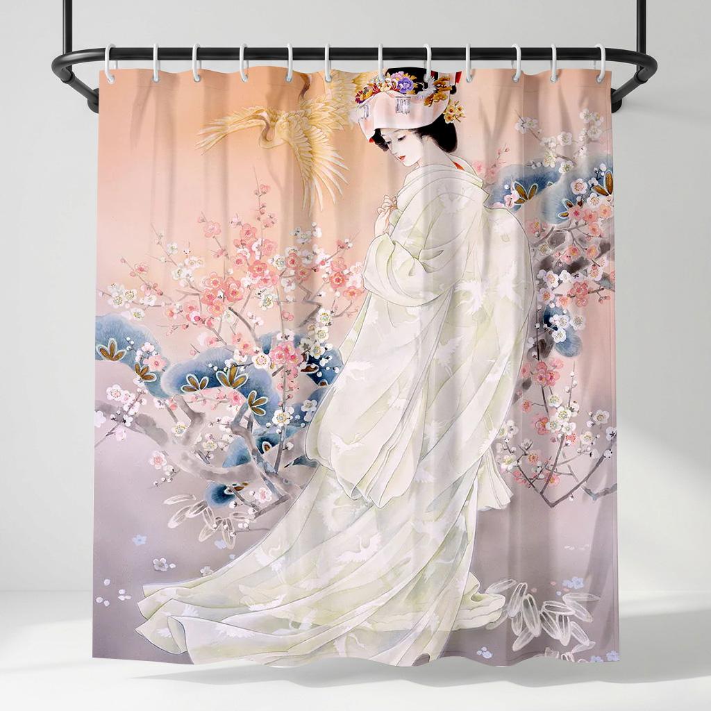 

Japanese Geisha Shower Curtain, Kimono Woman Sakura Cherry Blossom Bath Decor, Vintage Zen Crane Art Bathroom Shower Curtain W60H190(CM)-1 Pcs