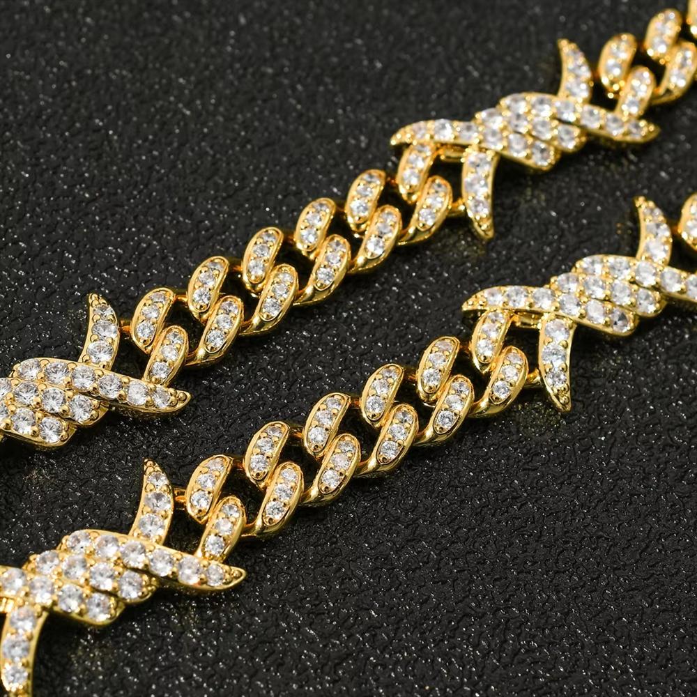 Neues Design Hip Hop Rap Schmuck 14K Gold Plated Bling CZ Iced Out Dornen Kubanische Kette Armband für Damen und Herren