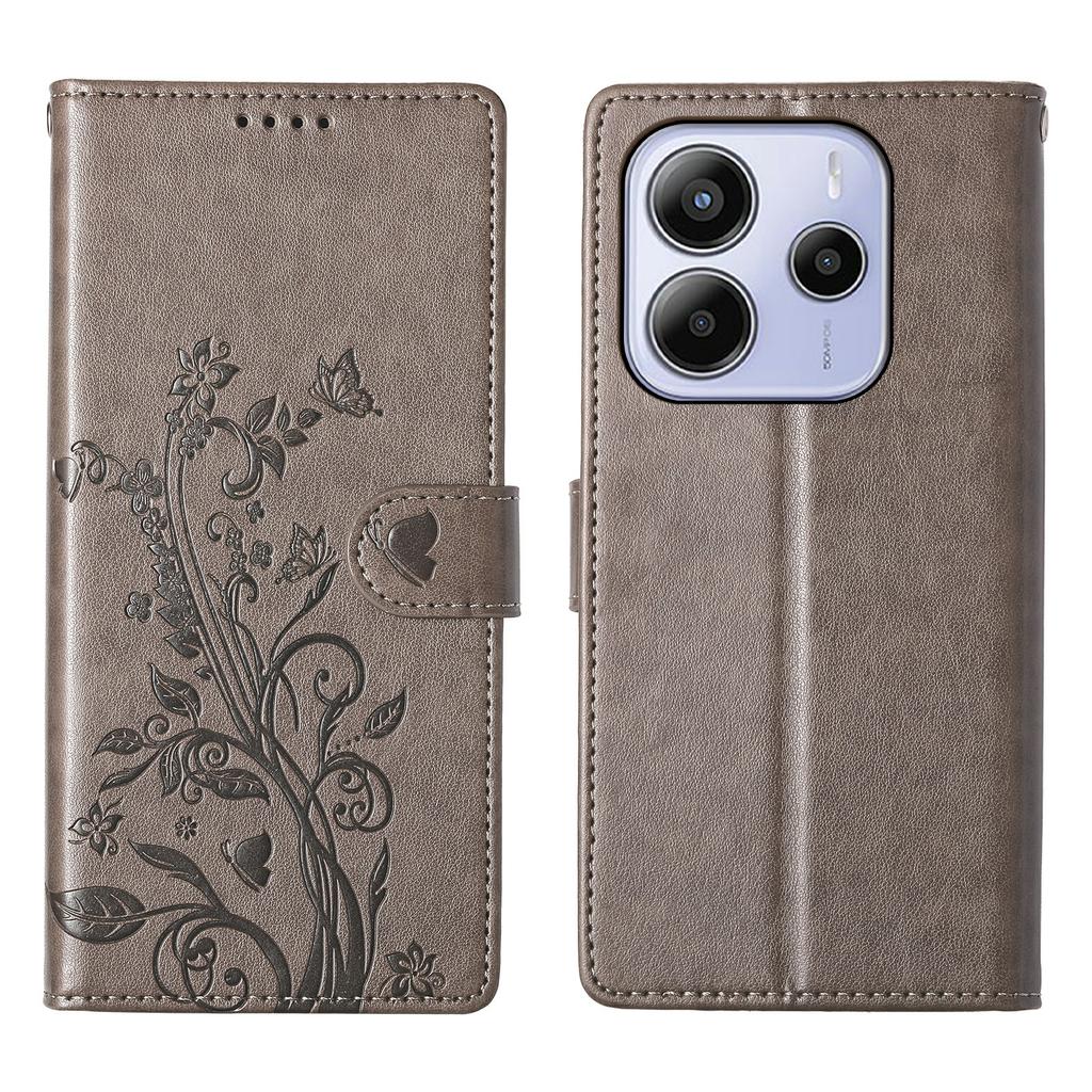 For Xiaomi Redmi Note 14 4G (163.25mm) Wallet Case Butterfly Floral Imprint PU Leather Phone Cover with Wrist Strap