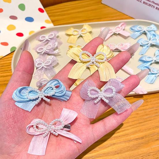 6Pcs Girl Hairpin Hand-Sewn Bow Hair Clip with Imitation Pearl Beads Macaron Color Safe Scalp-friendly Hairpin Hair Accessories