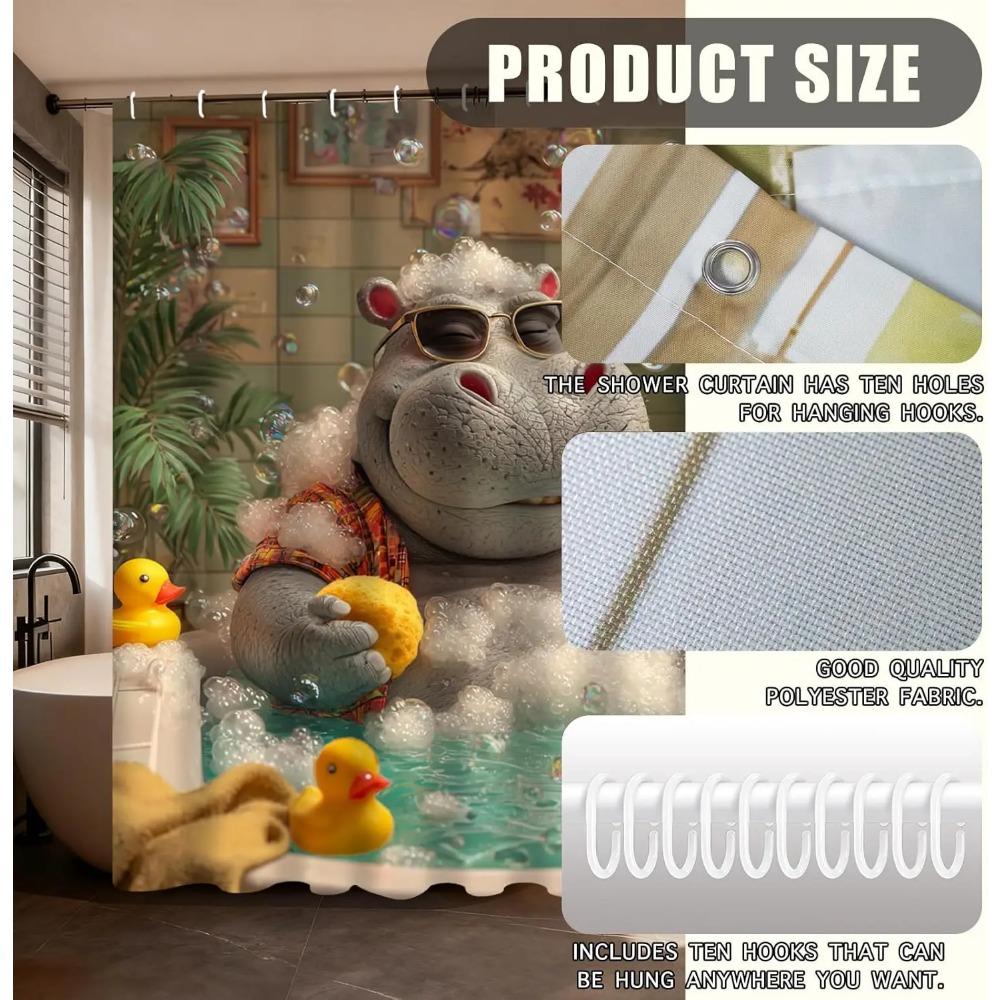 Hippo Bath Time Printed Shower Curtain Funny Animal Artwork For Relaxing Bathroom Decor