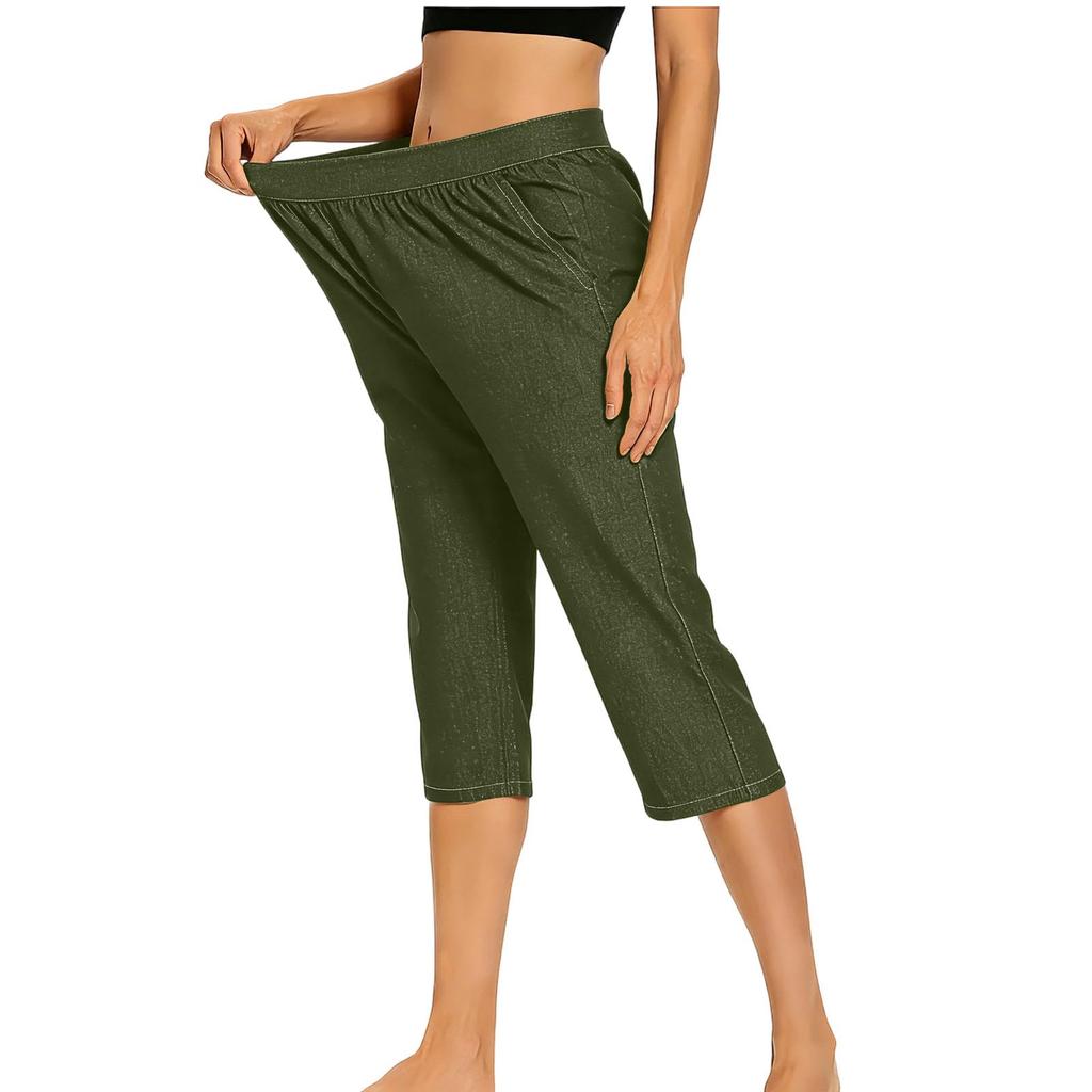 Women's Fashionable Color Elastic Waist Pocket Casual Cropped Pants