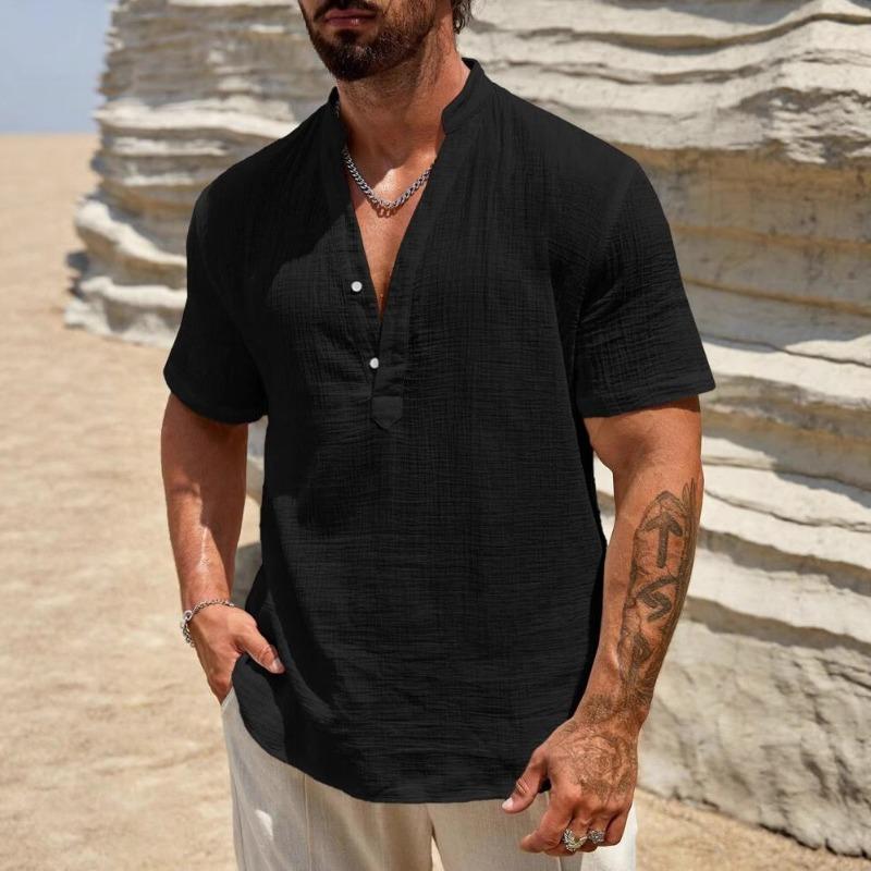 

Men s Single Layer Solid Color Breathable Stand Collar Short Sleeve Shirt 2026 Men s Fashion Simple XXXL чорний