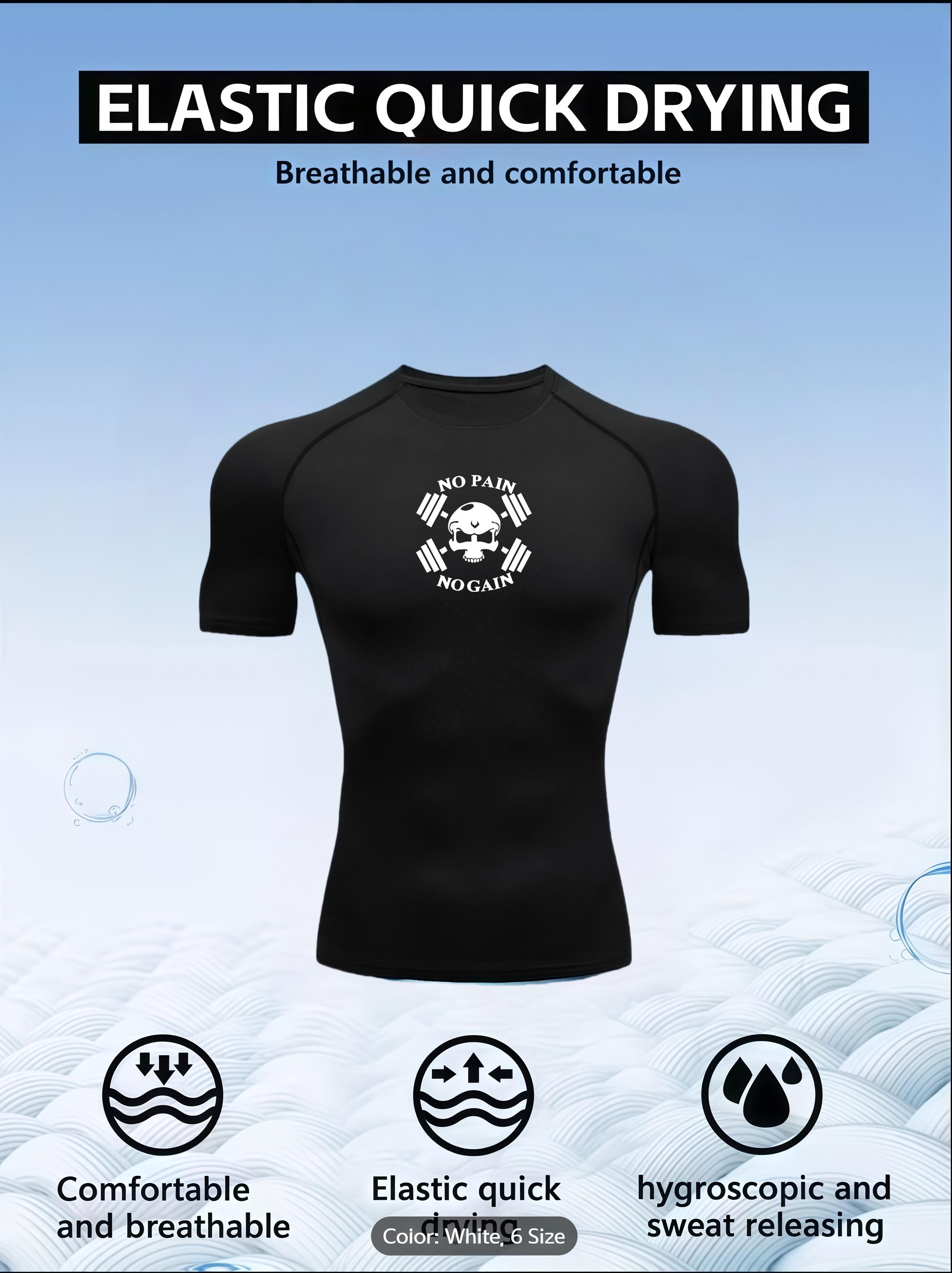 Men s Grey Skull Dumbbell Print Compression T-Shirt, Elastic Quick Drying Breathable Gym Workout Sports Training Top S чёрный
