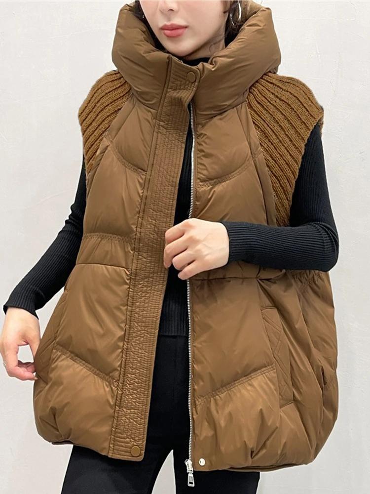 Women's Winter Knitted Duck Down Hooded Vest Sleeveless Warm Coat