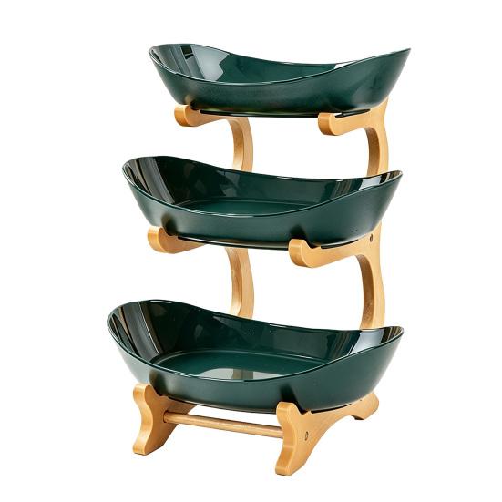 Multi Layer Fruit Basket with Bamboo Stand, Plastic Tiered Snack Tower for Candy Nuts, Space Saving Kitchen Counter Organizer for Living Room