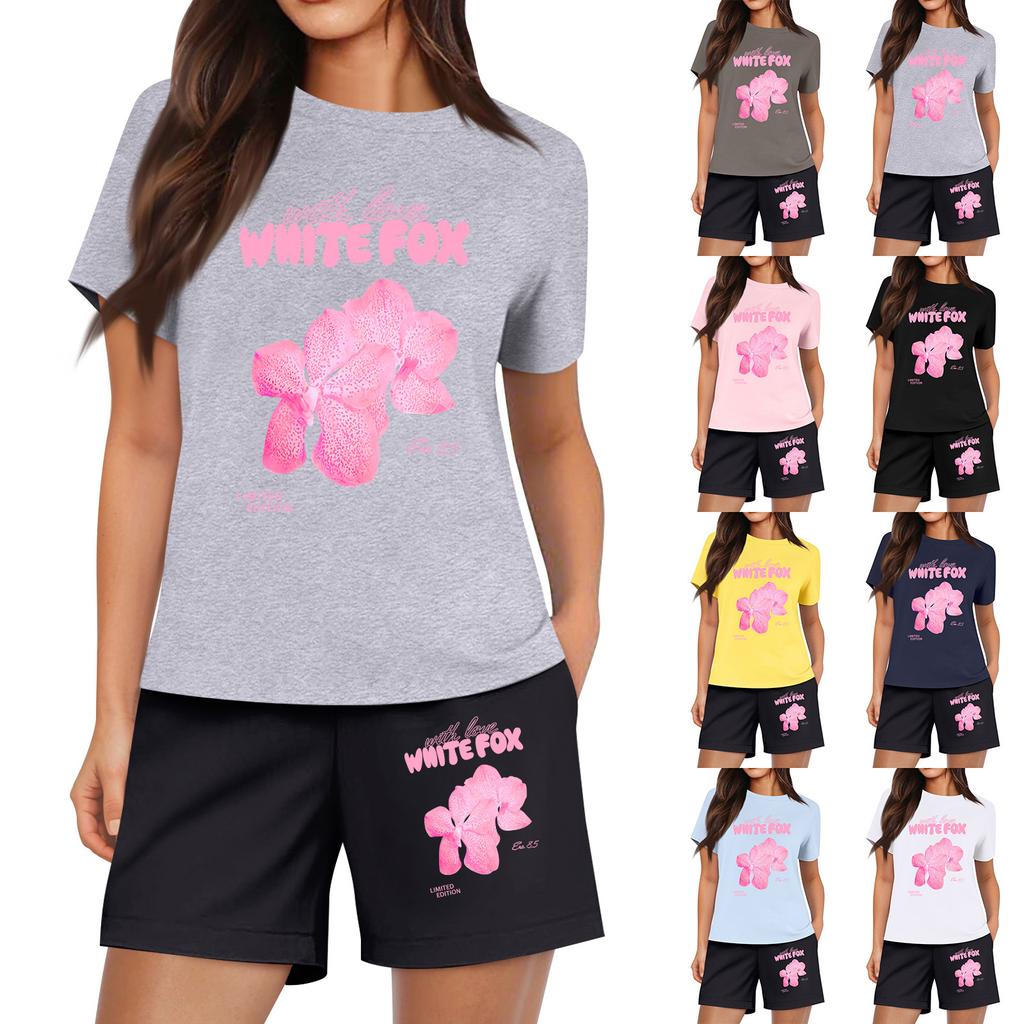 Ladies Casual Loose Letter Printed T Shirt Shorts Set