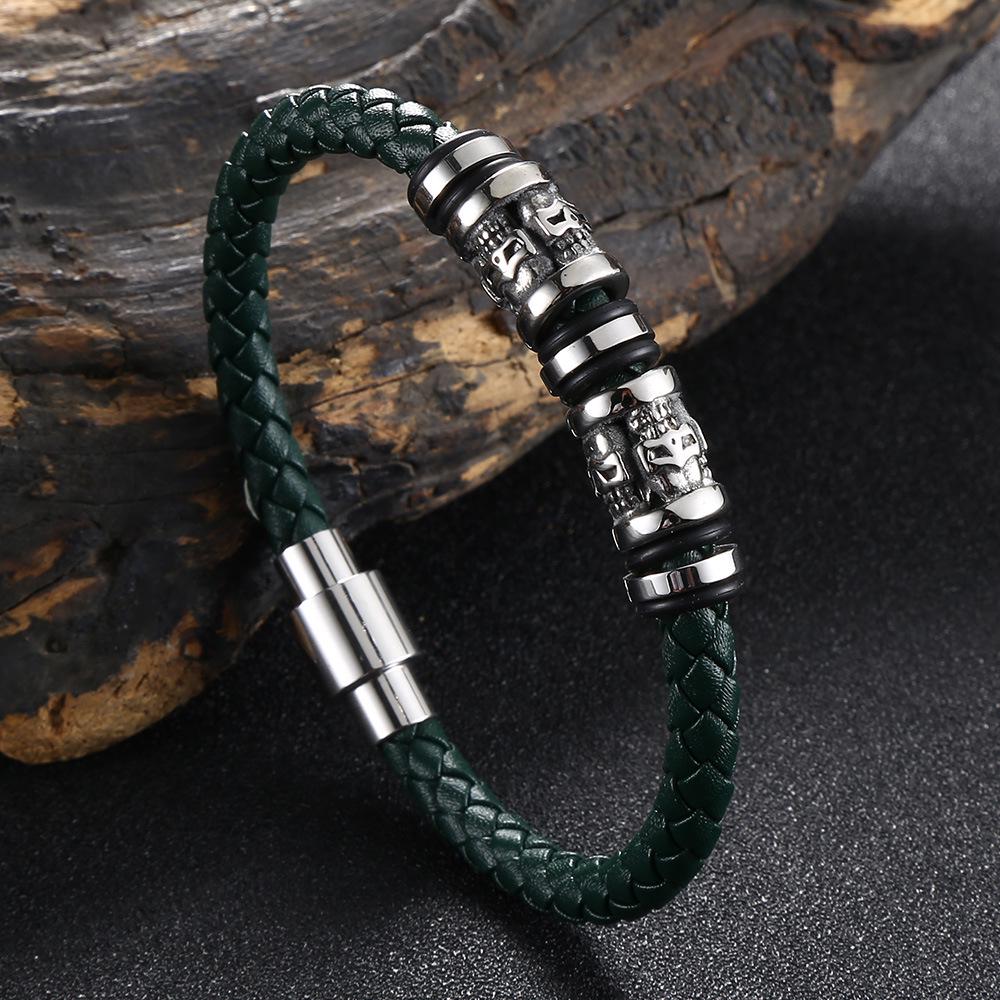 

Магнитный браслет из нержавеющей стали и кожи с черепом - Панк Хип-хоп стиль Inner 175mm, Total Length 206mm