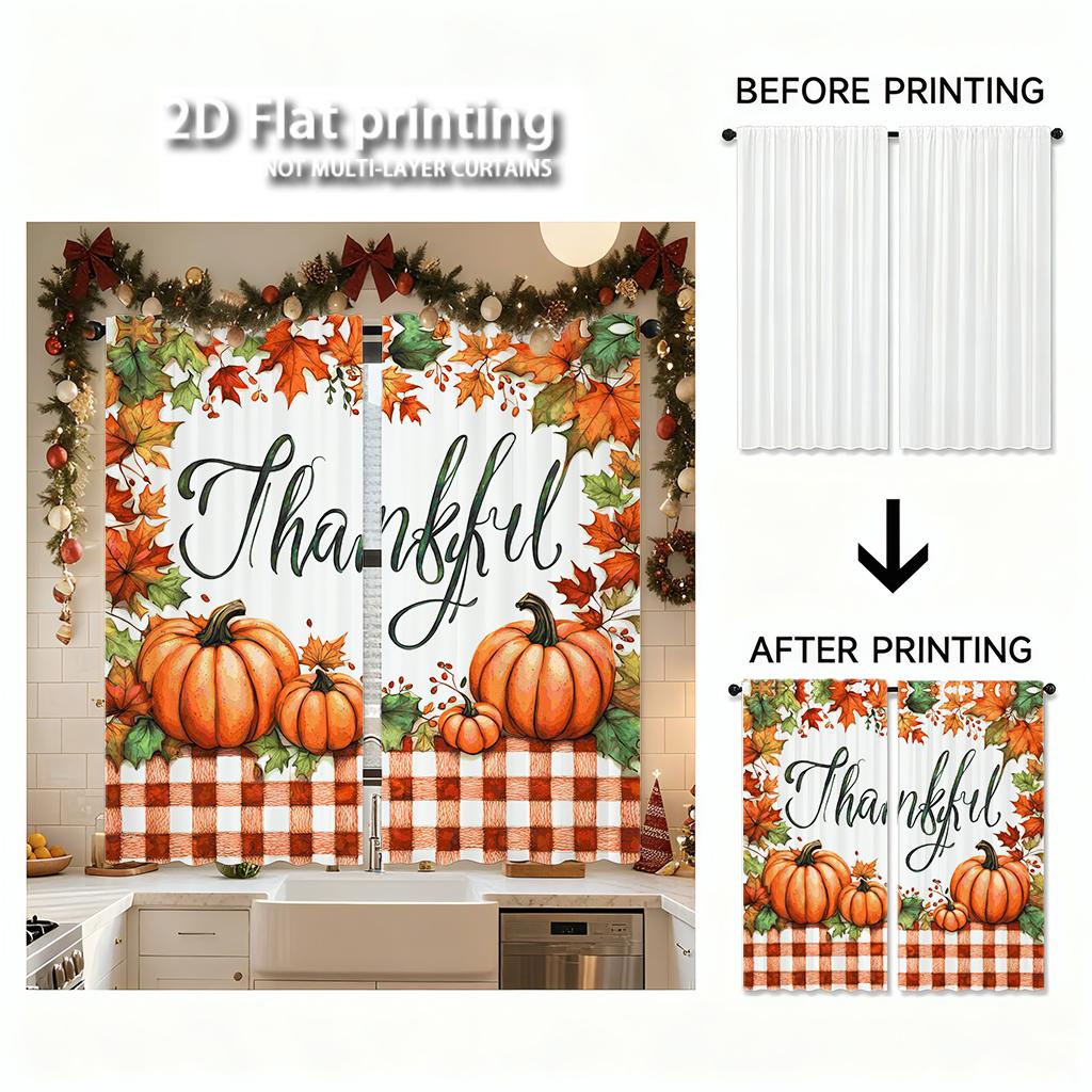 Stück Set Hochauflösende Digital Gedruckte VorhängeErntedankfest Aquarell Kürbisse Karierte Tischdecke HerbstblätterHeim Vorhänge Hergestellt Aus Polyester