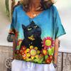 Women's T-shirt Cartoon Cat Print Summer V-neck Short-sleeved Kawaii Fashion Casual Fun Women's Retro Clothing