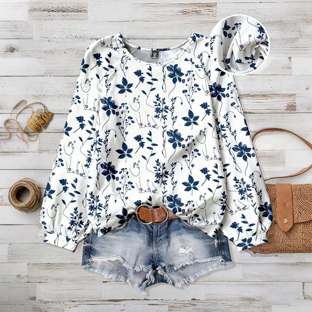 European & American Plus Size Floral Elegant Casual Loose Round Neck Women's Top