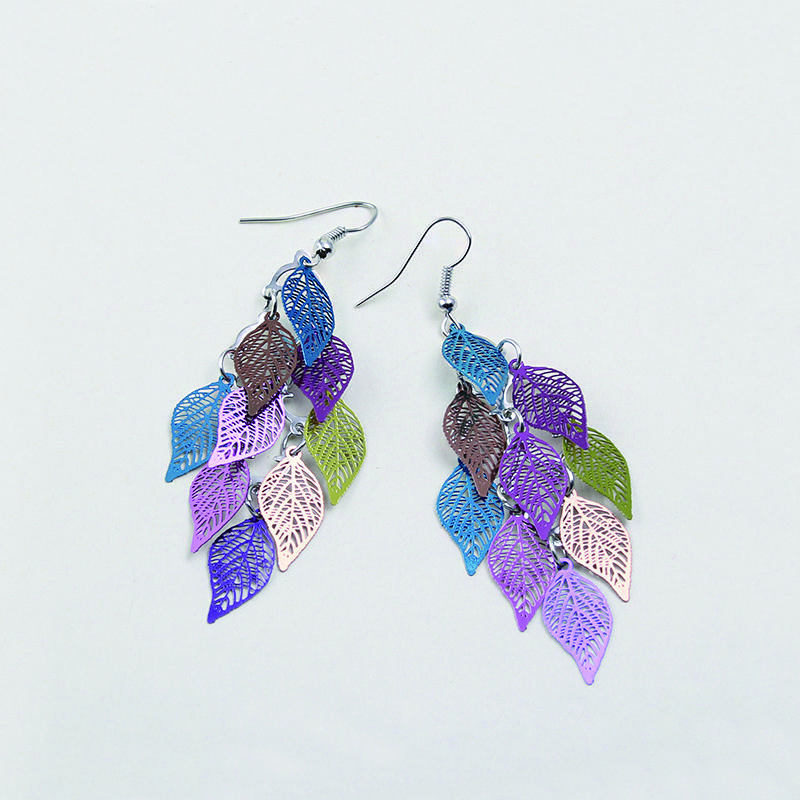 Vintage Hollow Leaves Drop Earrings for Women Bohemian Colorful Long Dangle Earrings 2024 Fashion Zircon Boucle Oreille Femme