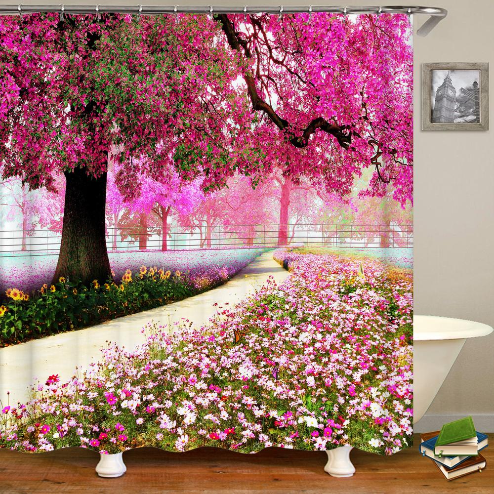 Forest Landscape Shower Curtain Garden 3D Green Plant Tree Natural Scenery Waterproof Polyester Bathroom Curtain Home Decor