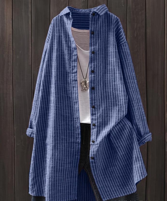 New Women's Cotton and Linen Striped Shirt, Mid Length Long Sleeved Pocket Top