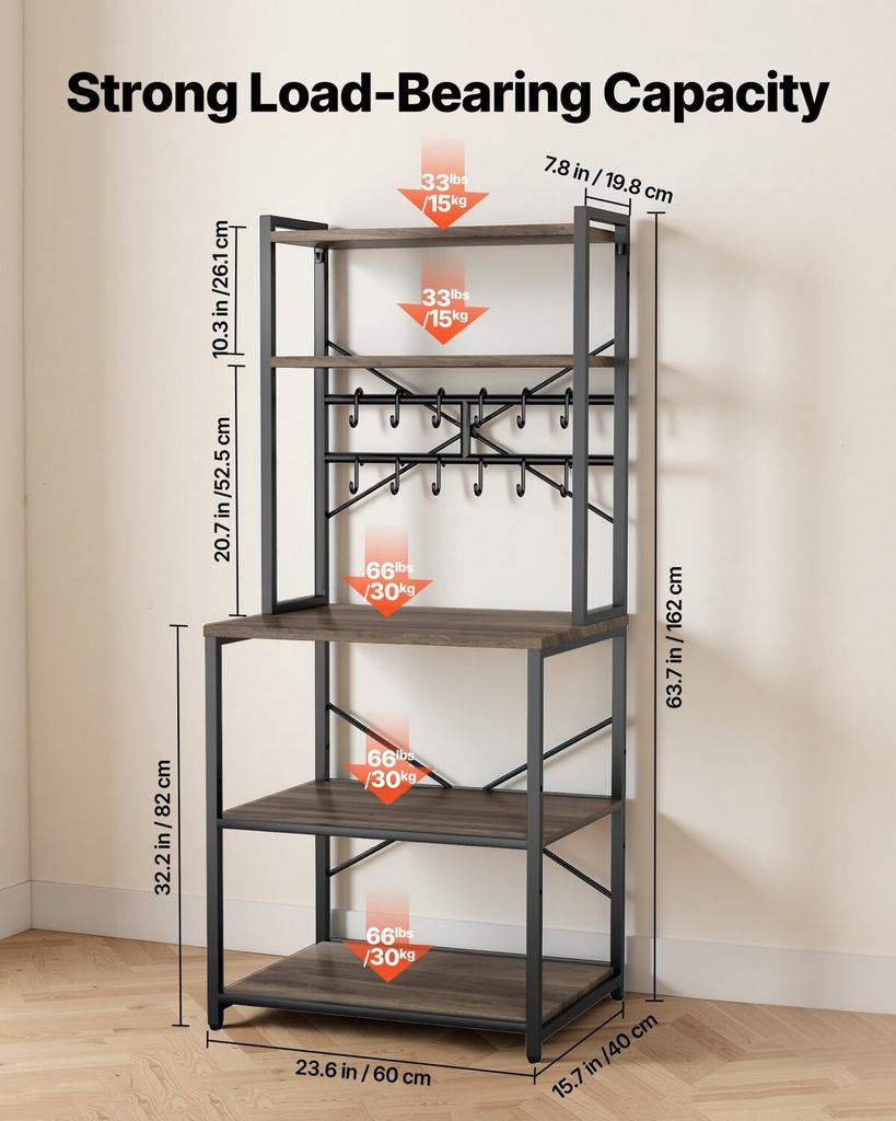 Kitchen Bakers Rack, 600 mm Width Bakers Rack, Kitchen Stand with X-Shaped Support Bar, 12 S-Shaped Hooks, Double-Layer Top Shelf, Coffee Bar Stand