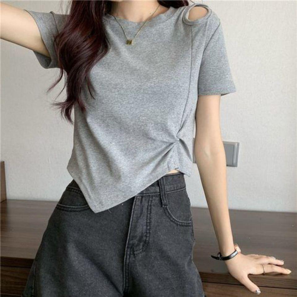 Summer 2025 Hot Pink High-Waist Slim Fit Hollow Short-Sleeve T-Shirt for Women