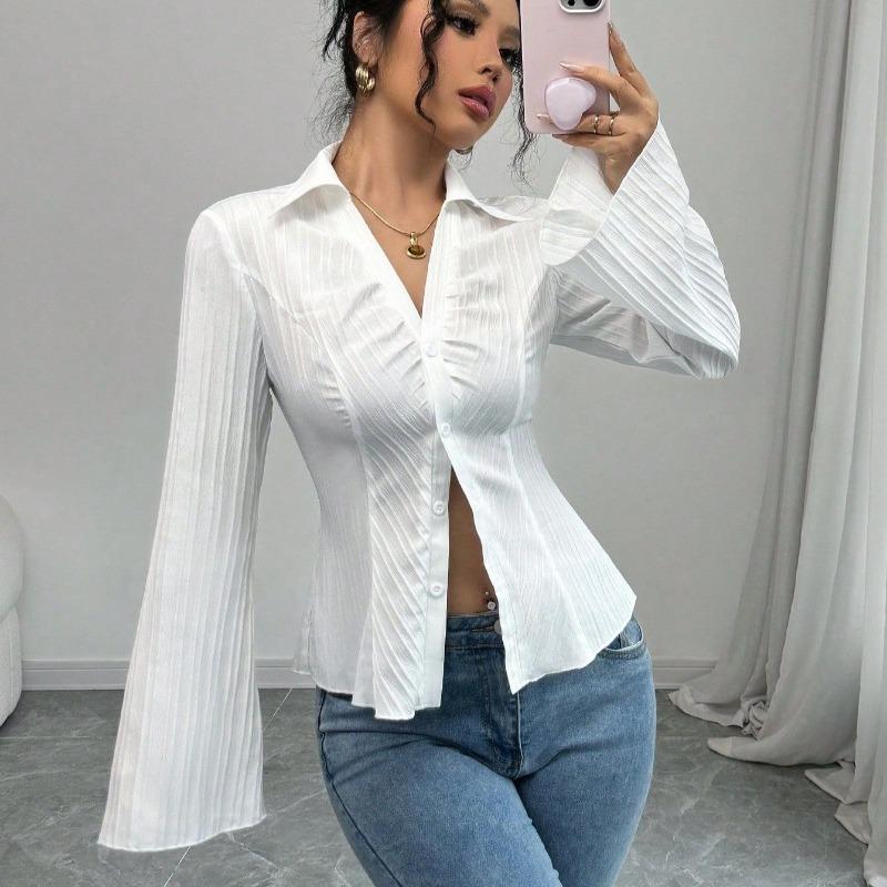 White Slim Fit Waist Cinched Women's Shirt Fashion Flared Long Sleeve Elegant Blouse Pleated Spring Autumn Sexy Elegant Tops Streetwear Basic Clothing