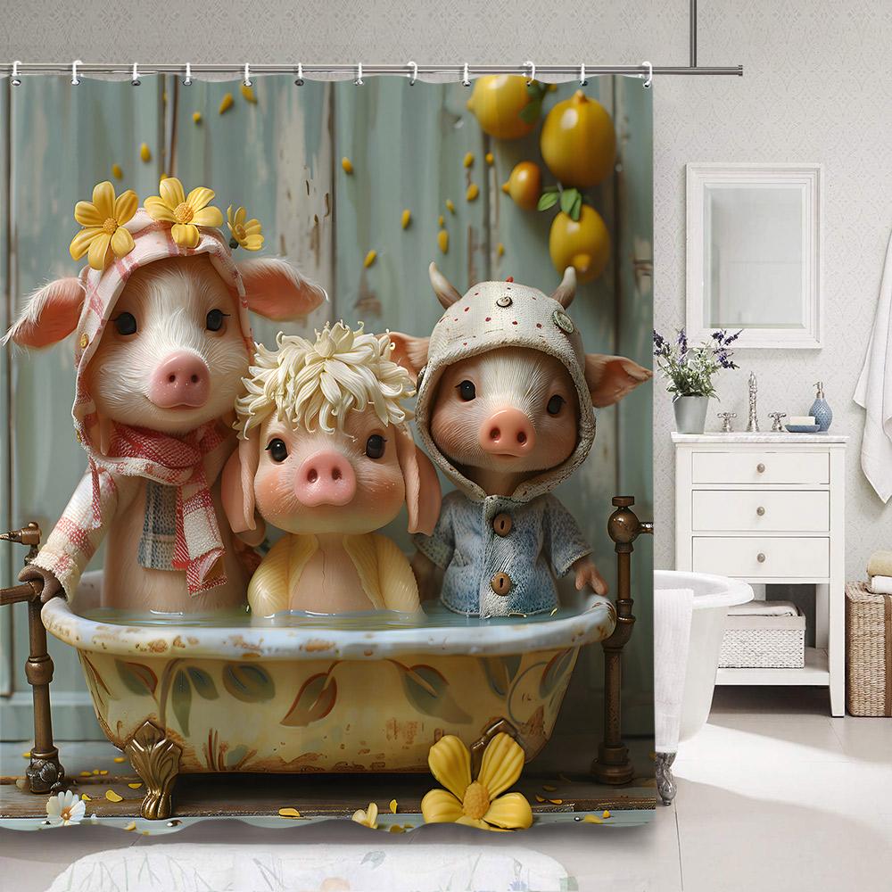 Cute Pig in Bathtub Bath Curtain for Kids Funny Cartoon Animals Rustic Wooden Plank Polyester Fabric Bath Curtain Bathroom Dec