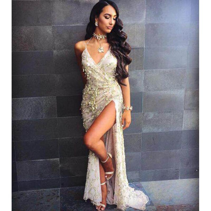 

2026 European and American New Style Women s V-Neck Sexy Backless Sequin Dress Gown with Floor-Length Slit Gold S