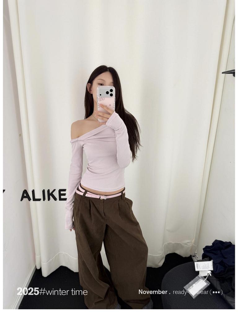 Women's Korean Style Twisted One-Shoulder Slim Fit Long Sleeve Knit Top