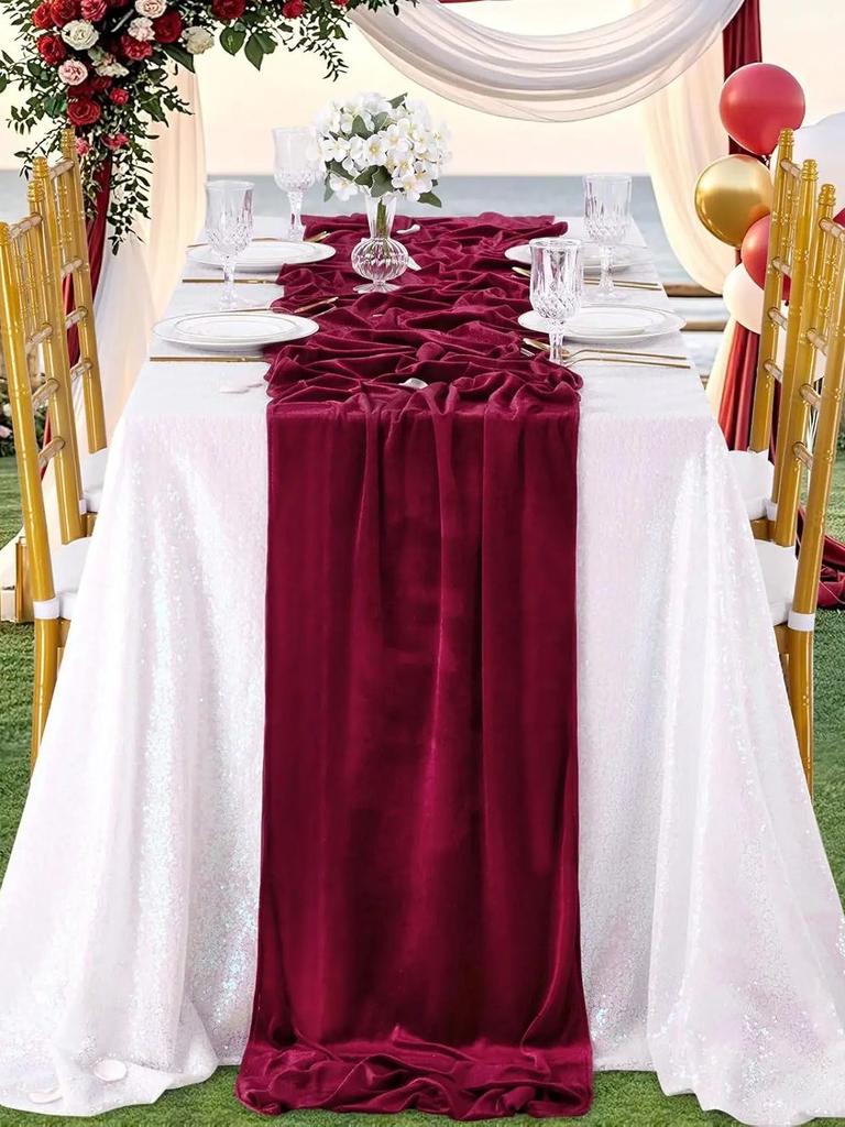 1Pc Burgundy Velvet Table Runner For Parties: 29X120 Inch Soft Dinner Luxury Table Runners - Wedding Reception Table Decorations