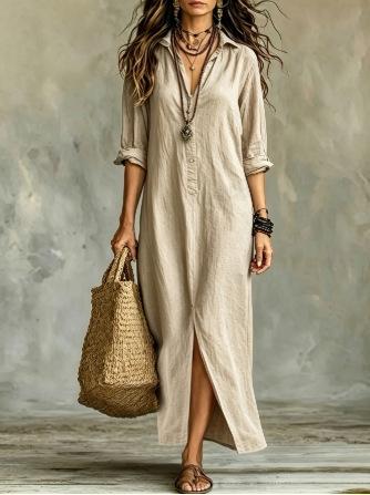 D Vacation Style V-Neck Split Dress Loose Shirt Dress Beach Blouse Women's Seaside Vacation Dress