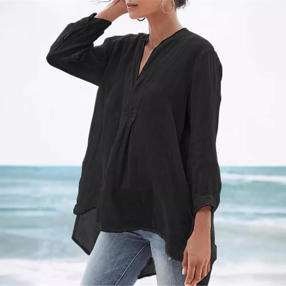 Women's Solid Color European and American Casual Fashion 7-point Lantern Sleeve Tulle Shirt