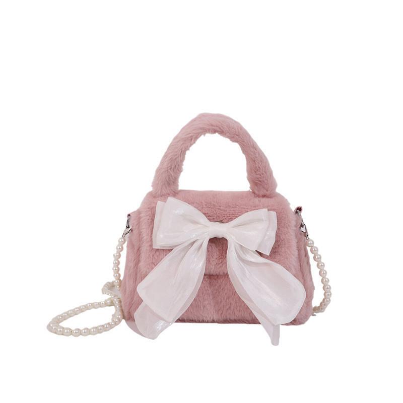 Charming Fluffy Crossbody Purse For Girls Sweet Plush Bag With Bow Street Style