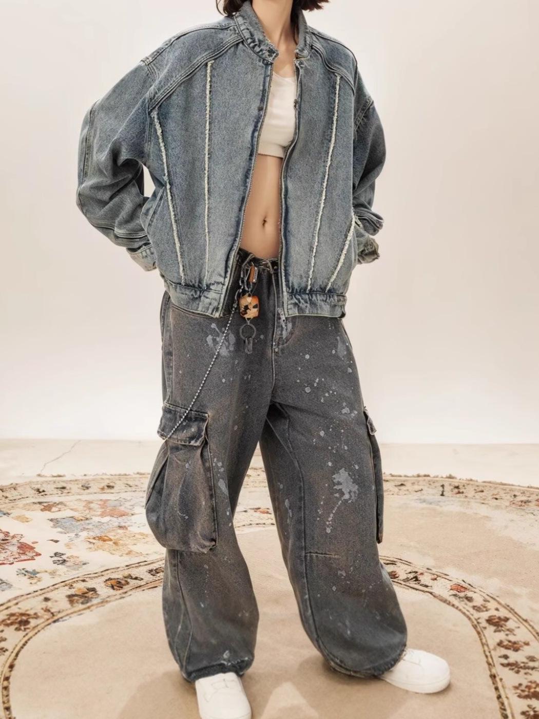 Женская джинсовая куртка в американском ретро стиле с потертостями, Осень 2025 M синий