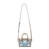 Tang Libaiqi T Monogram Zipper Closure, Fabric Cow Leather, Barrel Bag Shoulder Crossbody Handbag, Mini 159640-960-Denim Blue and Brown