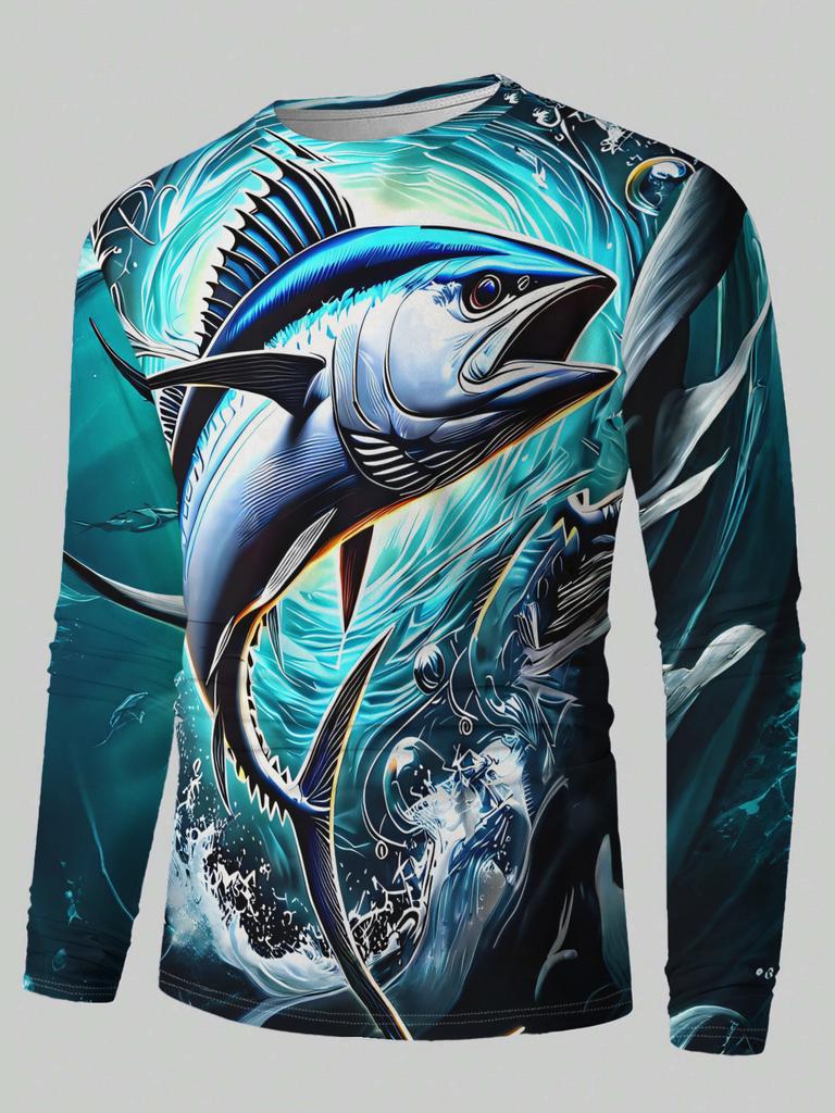 T-shirt a maniche lunghe da uomo per la pesca al basso con grafica 3D Rossa Nera Girocollo Casual Streetwear Tee abbigliamento club di pesca