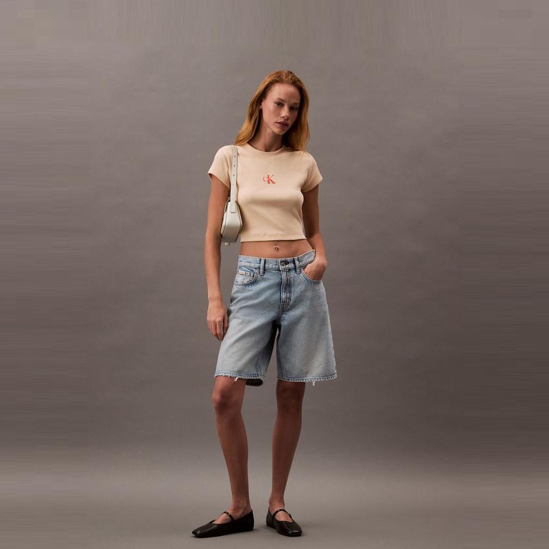 Calvin Klein Vitality Girl Short Ribbed Slim Fit Off-Shoulder Short Sleeve T-Shirt Women Tops 47AB802-RM7