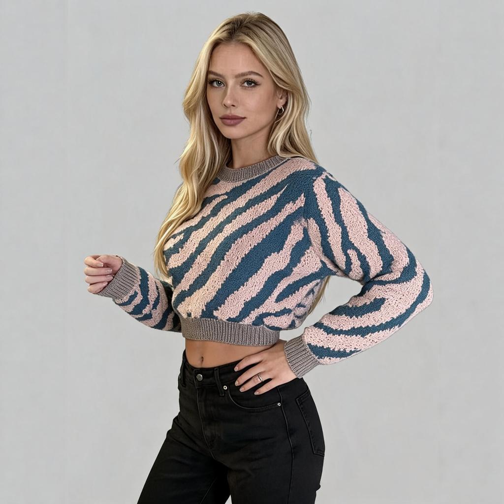 Winter new European and American zebra knit sweater for women, long-sleeve pullover short top, fashionable, versatile, and trendy