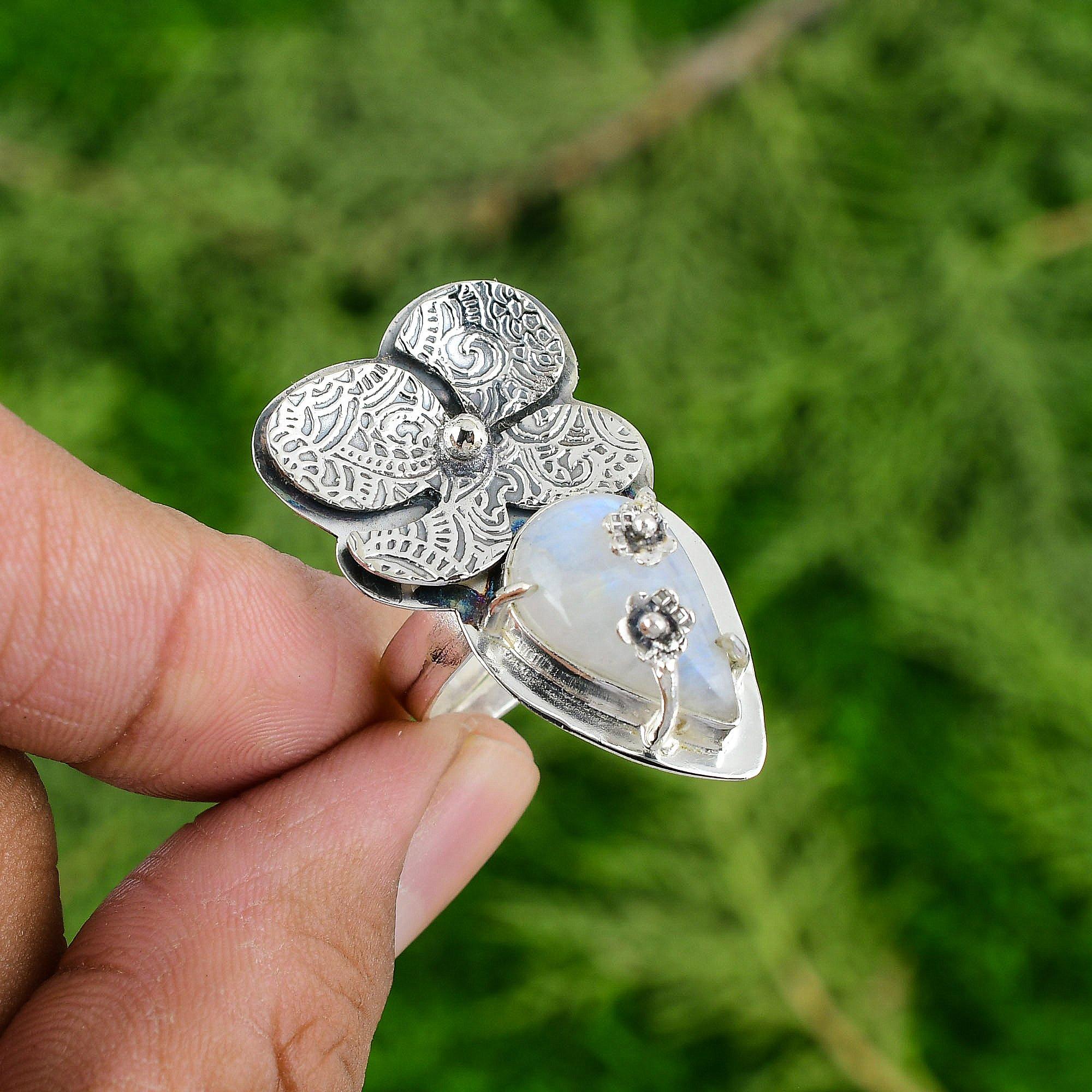 

Pear Rainbow Moonstone Gemstone Flower Ethnic Engagement Ring Sterling Silver Adjustable