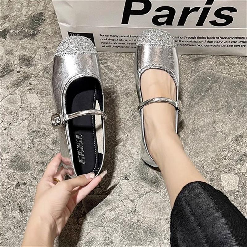 New spring and summer versatile one-word with flat-soled single shoes French silver evening breeze soft-soled shallow mouth Mary Jane shoes 2025 women