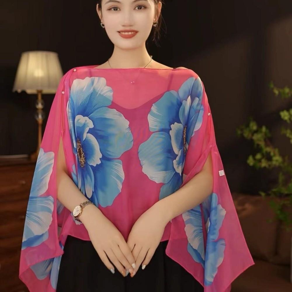 Long Length Sun Protection Shawl Flower Pattern Chiffon Scarf Breathable Shawl  Outdoor Activities