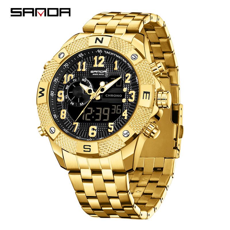SANDA Dual Display Electronic Watch - Cool Business Waterproof Wristwatch with Live Broadcast, Teenager Alarm Clock Feature.