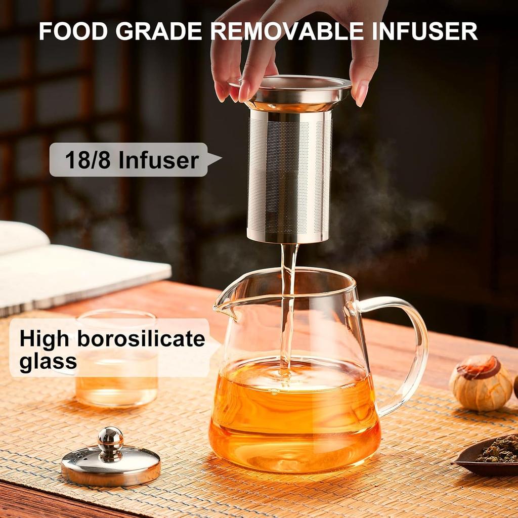 18.6 Oz/550Ml Glass Teapot Stovetop Borosilicate Clear Tea Kettle With Removable Stainless Steel Tea Brewer For Camping,Travel