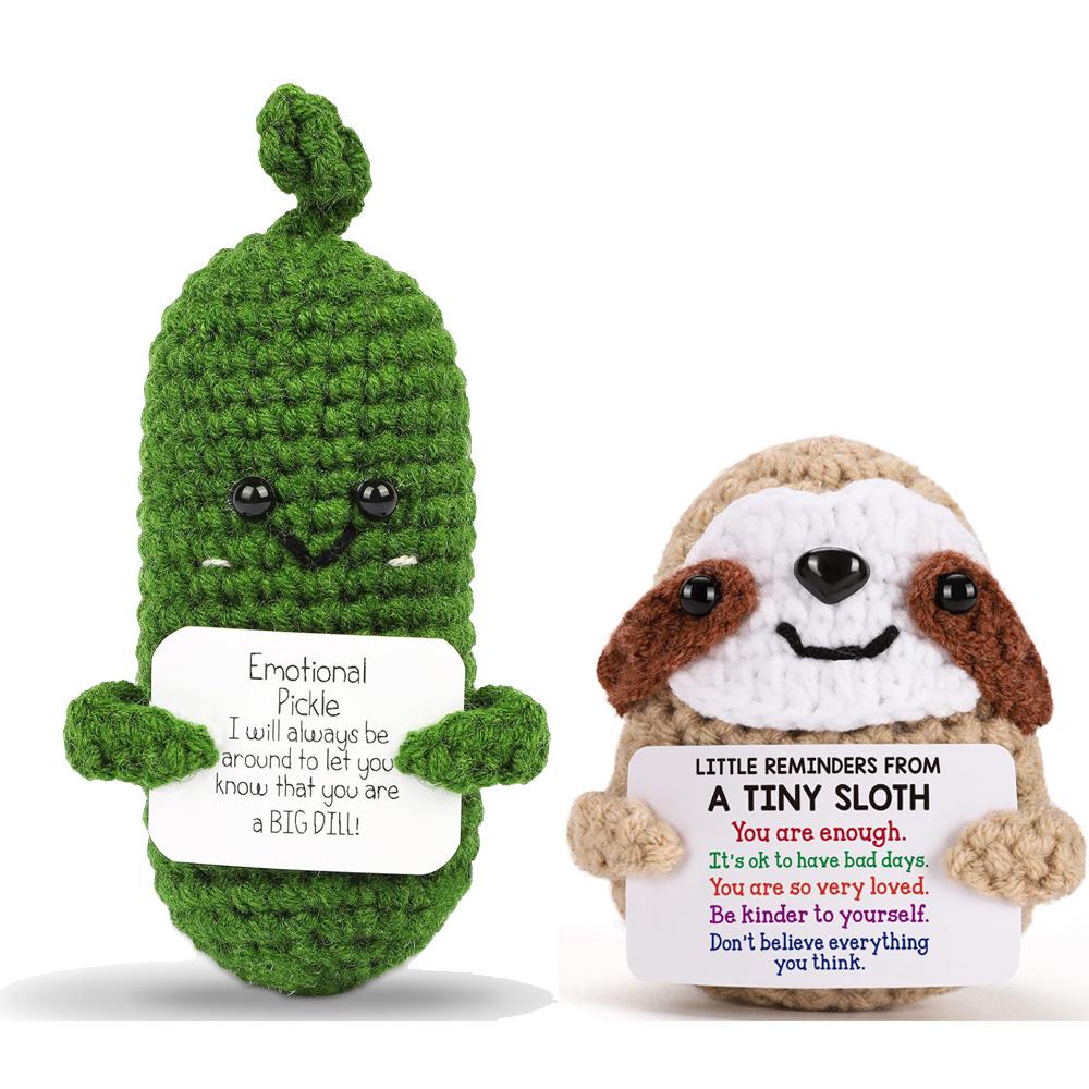 Handmade Emotional Support Pickle Crochet Funny Sour Cucumber Knitted Pickle with Positive Card Cheer up Gift Crochet Home Decor