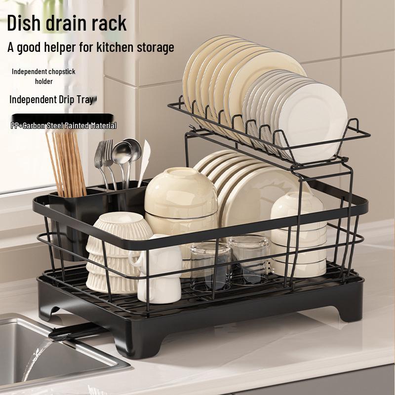 25th Anniversary Double-Layer Bowl & Plate Drying Rack with Draining Tray and Carbon Steel Varnish