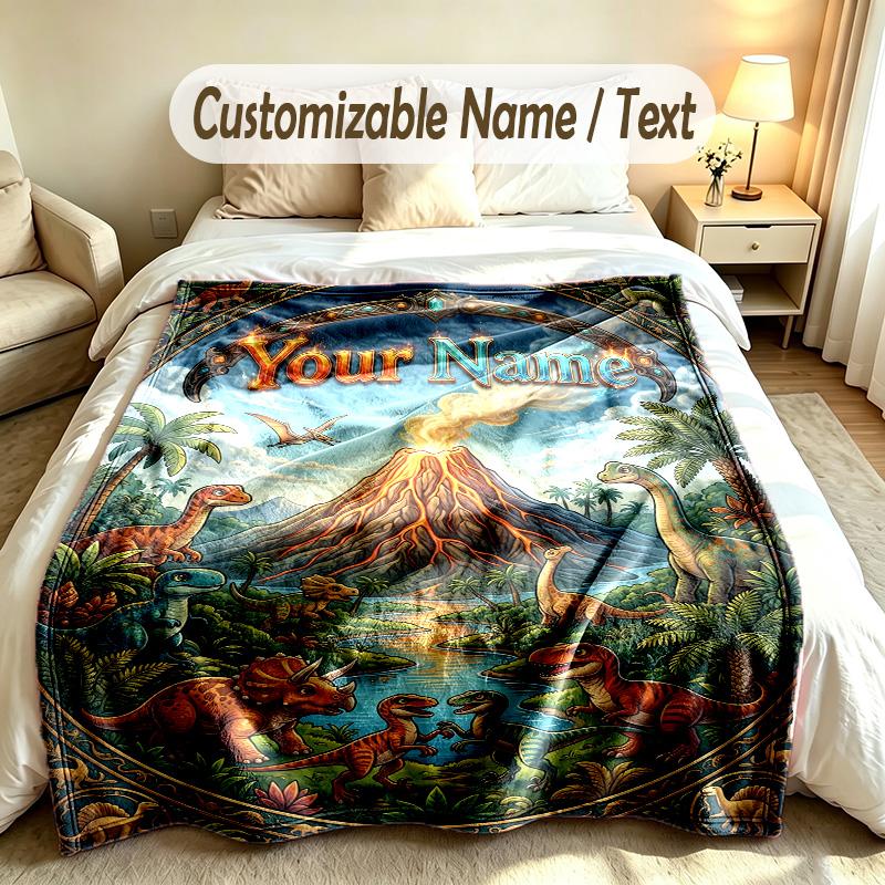 Dinosaur Theme Custom Blanket Personalized Name & Text Customized Soft Warm Throw Blanket Home Decor
