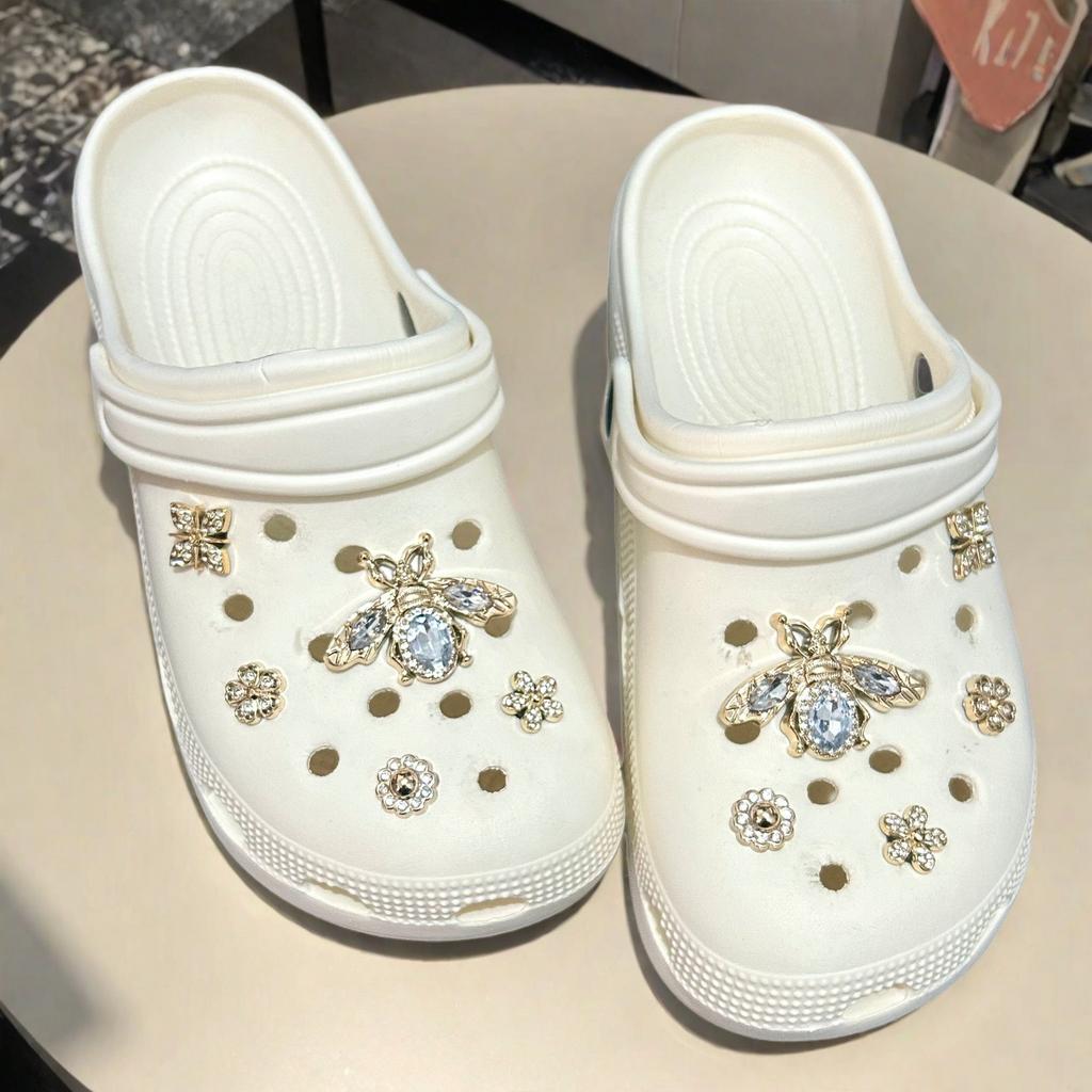 Silver Metal Clogs Decorations Summer 2026 New Design White Bowknot Women Shoes Charms Set DIY Flower Crystal Shoes Accessories