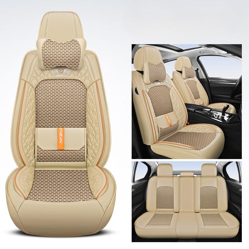 Full Set 5-Seat Car Seat Covers with Built-in Lumbar Support & 2 Headrests –Nappa Leather & Ice Silk Stitched Universal Fit