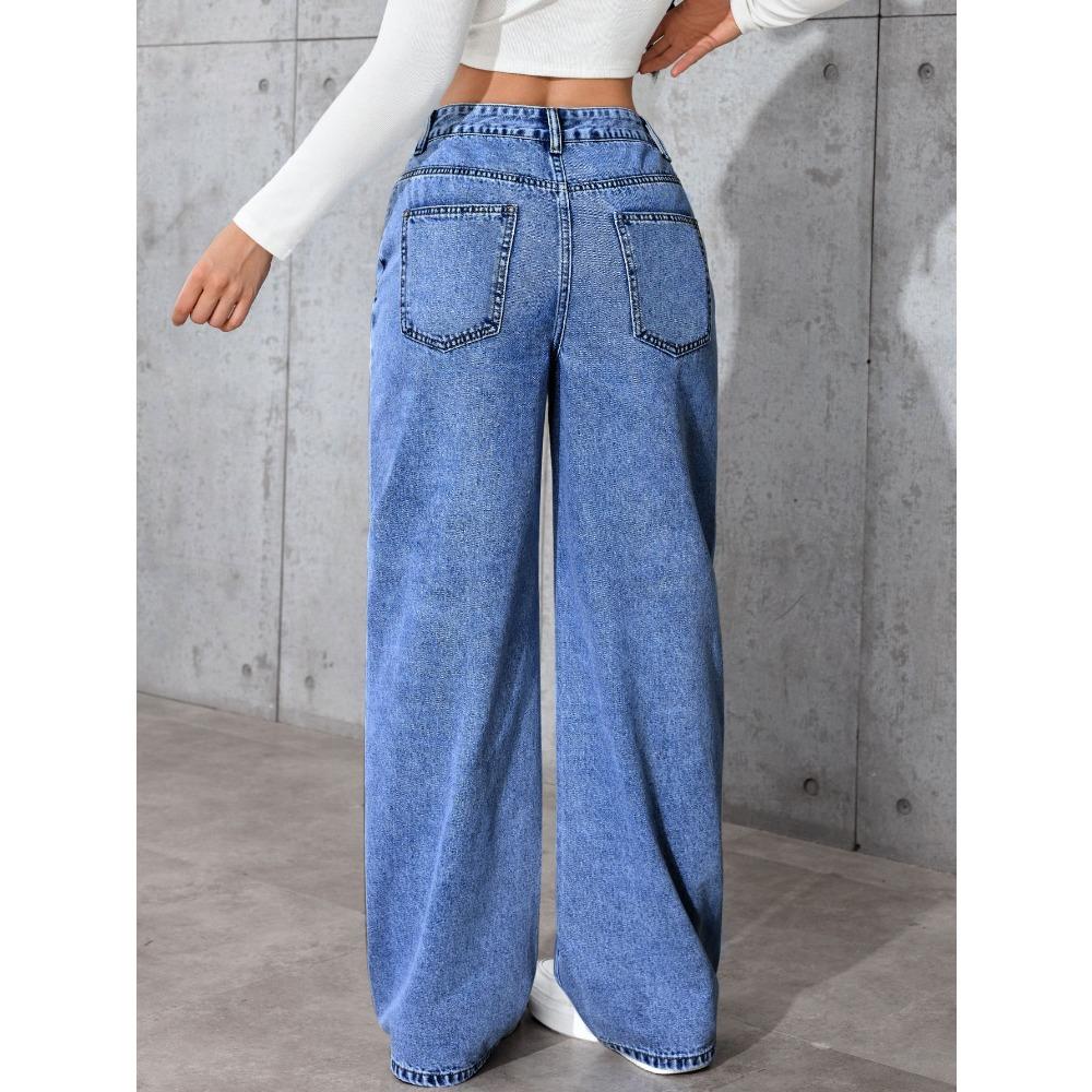 Damen Jeans mit hoher Taille und geradem Bein, Lockere Wide Leg Jeans aus Denim, Säuregewaschen Hellblau Dehnbare Jeans mit Taschen, Lässige Büro-Arbeitshosen