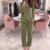 Women's Printed Pajama Set Long Sleeve V-Neck Button-Up Top and Pants with Pockets for Loungewear
