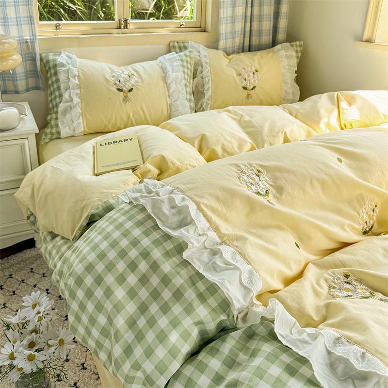 

Корейский принцессный стиль Двухслойное кружево Вышивка цветами 100% хлопок Постельный комплект Плед Стиль Пододеяльники Простыня Наволочки Fitted Bed Sheet&Single 150X200cm 3pc