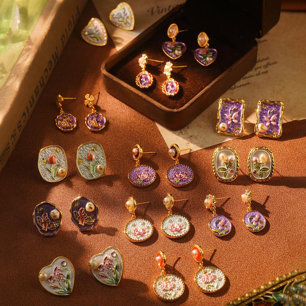 Monet Garden Violet Series Enamel Love Geometric Niche Vintage Premium Earrings Oil Painting Earrings